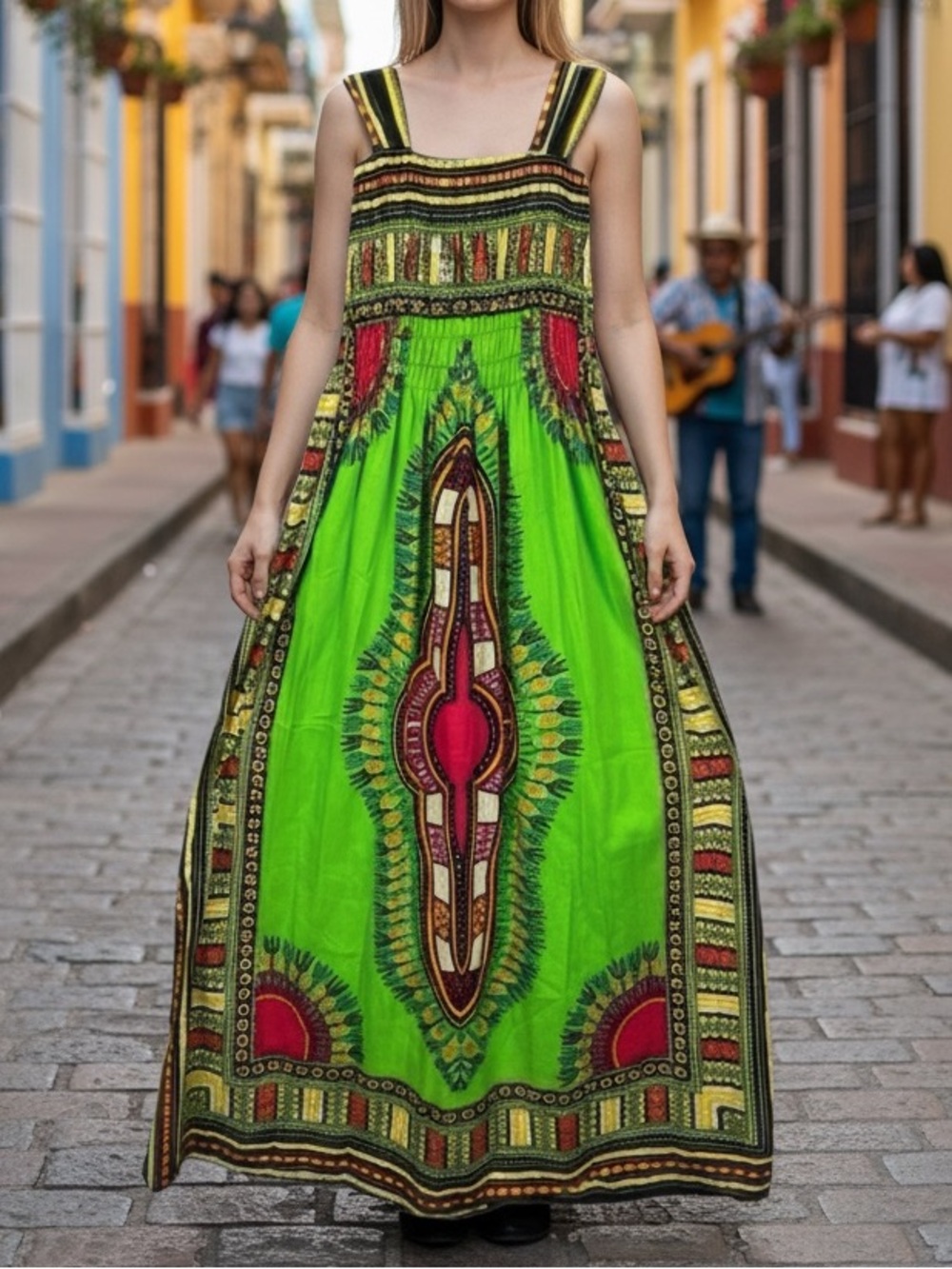 Island Style Vibrant Green and Red Cotton Maxi Ruched Dress Coverup Sz M-XL